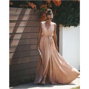 ViCi Blush V-Neck Pink & White Polka Dot High Tie Slits Maxi Dress Size Medium